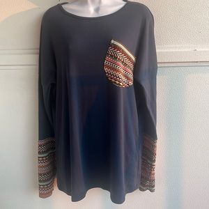 POGTMM PatchWork Print Knit Long Sleeve Peacock Blue Top Women’s Size Large